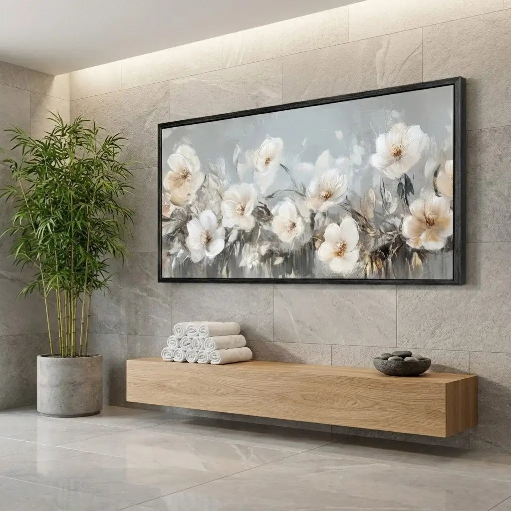 Floral artwork on a wall in a modern interior setting with a plant and wooden shelf.