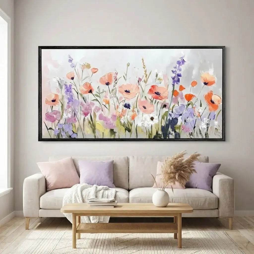 Floral painting on a wall above a sofa in a living room