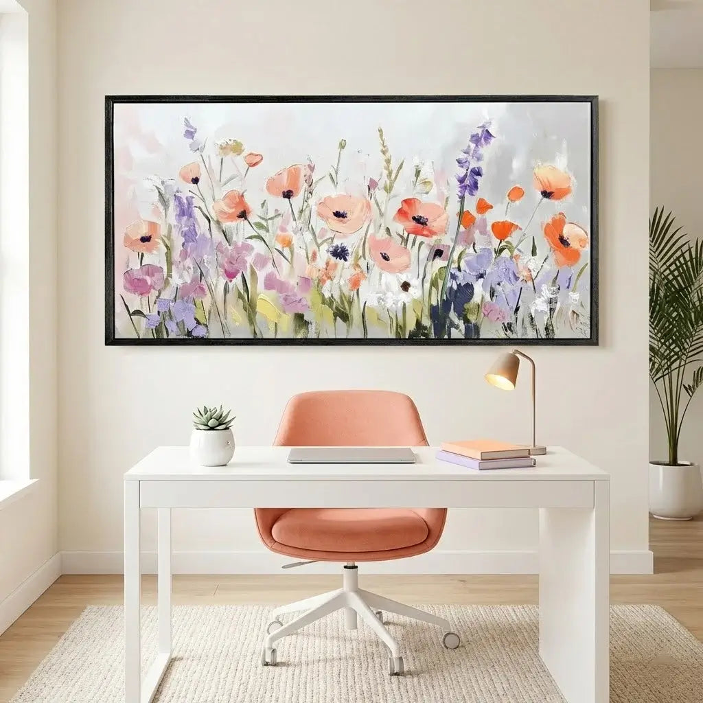 Modern home office with a desk, chair, and floral artwork on the wall.