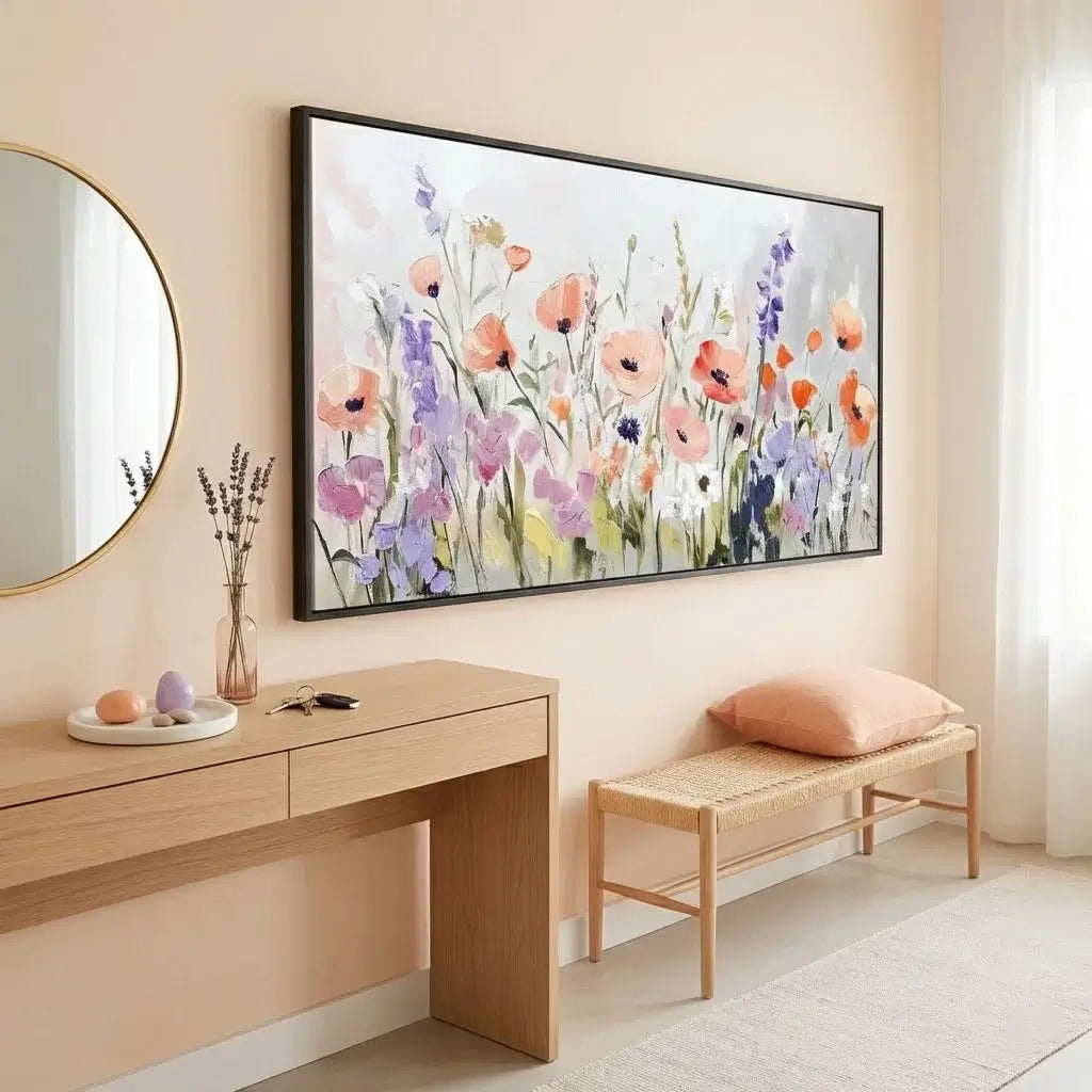 Room interior with a wooden desk, floral painting, and bench.