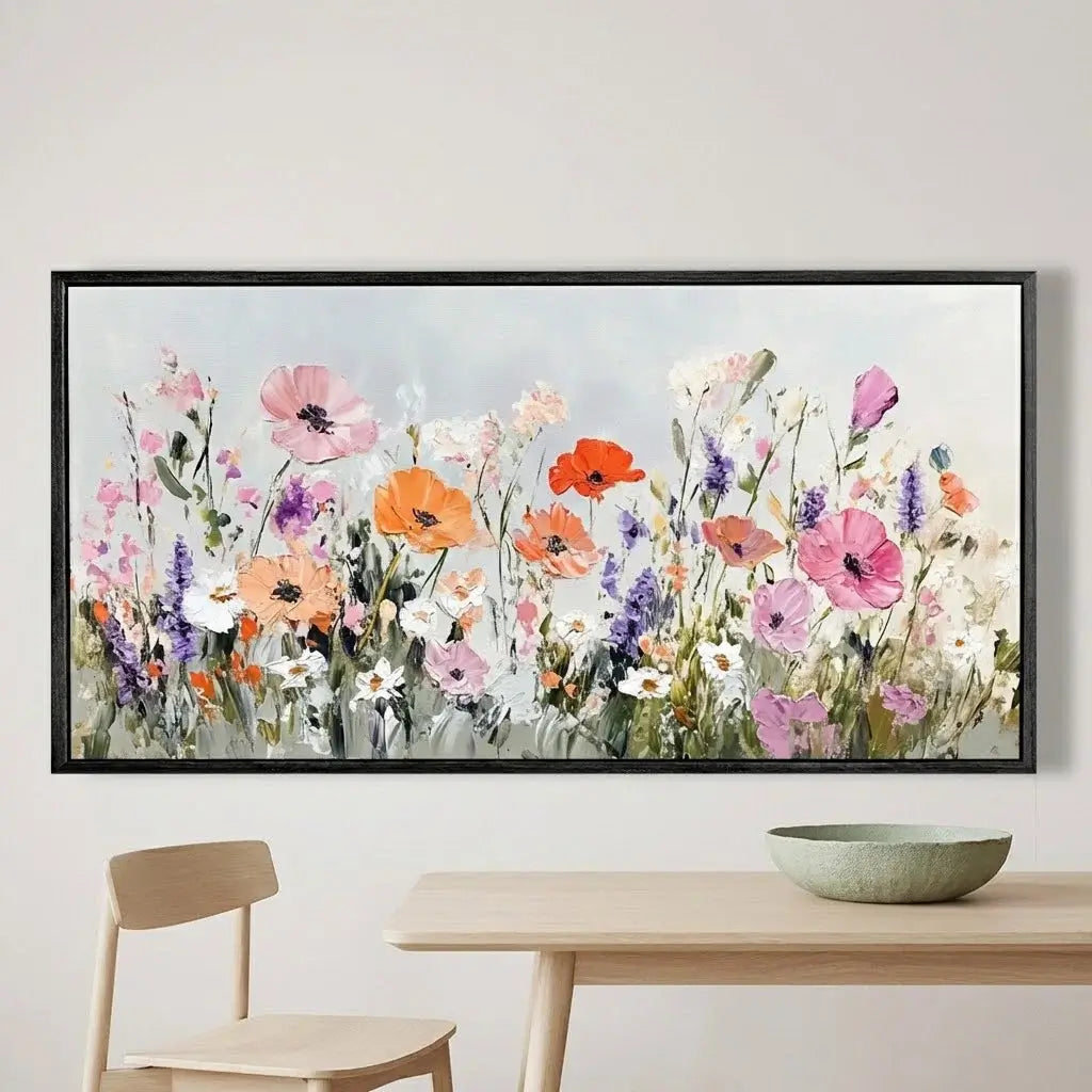 Framed artwork of colorful flowers on a wall above a table with a bowl.