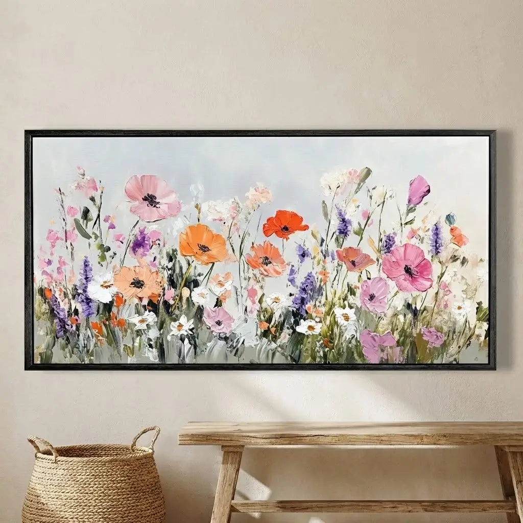 Framed floral painting on a wall above a wooden bench and woven basket.