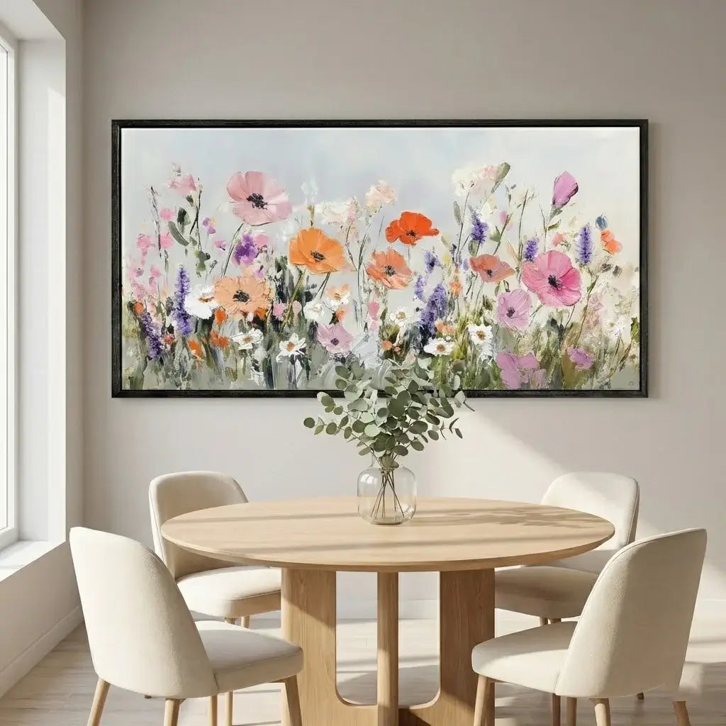 Dining room with a round wooden table and chairs, and a large floral painting on the wall.