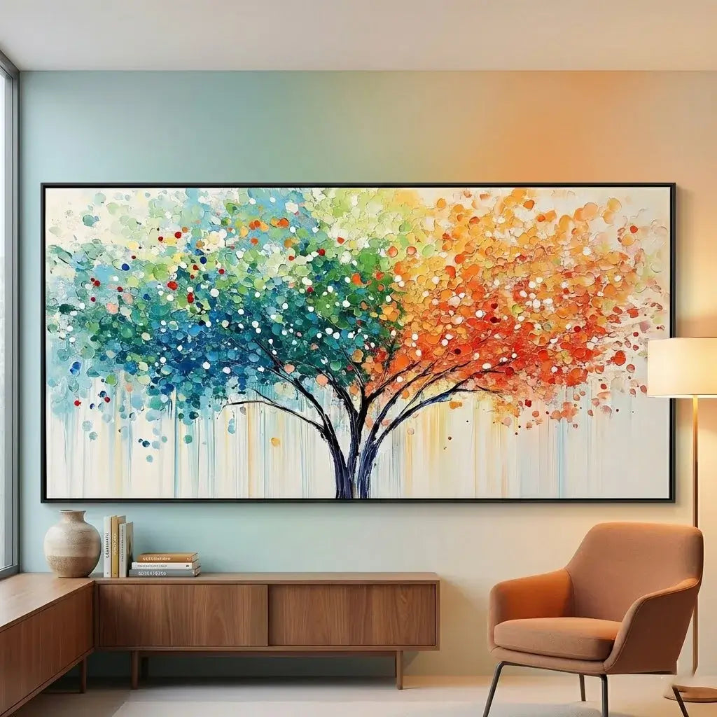 Colorful abstract tree painting in a modern living room.