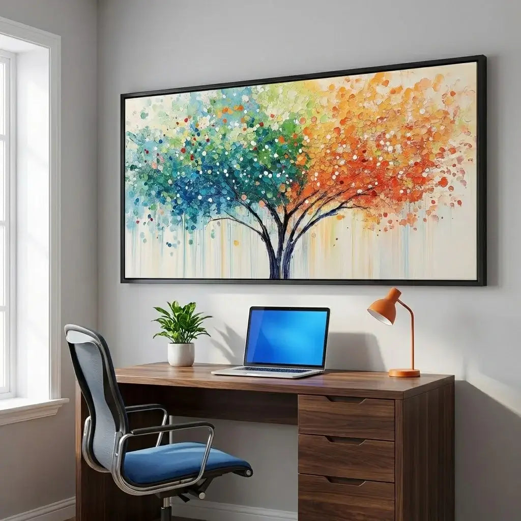 Modern office setup with a desk, chair, laptop, lamp, and colorful abstract tree painting.