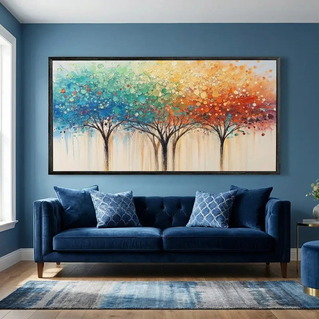 Blue sofa with patterned cushions in a room with a colorful abstract painting on the wall.