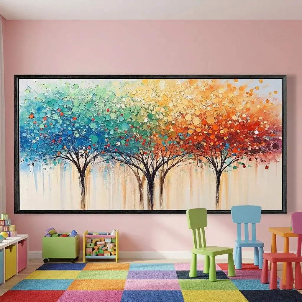 Colorful abstract tree painting on a pink wall with children's chairs and toys below.