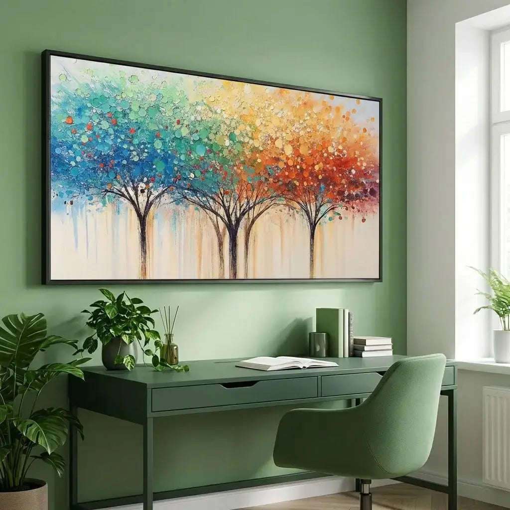 Colorful abstract artwork of trees on a green wall above a desk.
