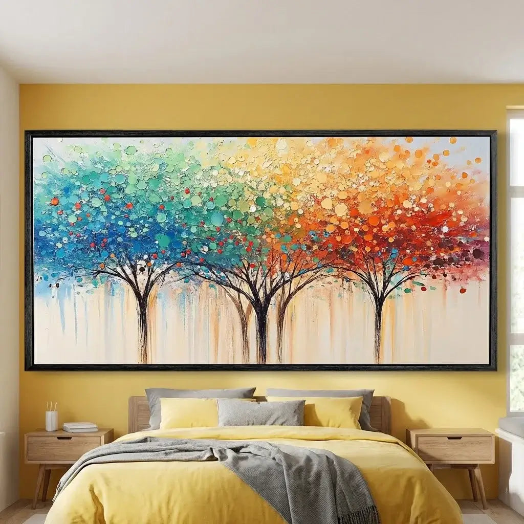 Colorful abstract tree painting on a yellow wall above a bed.