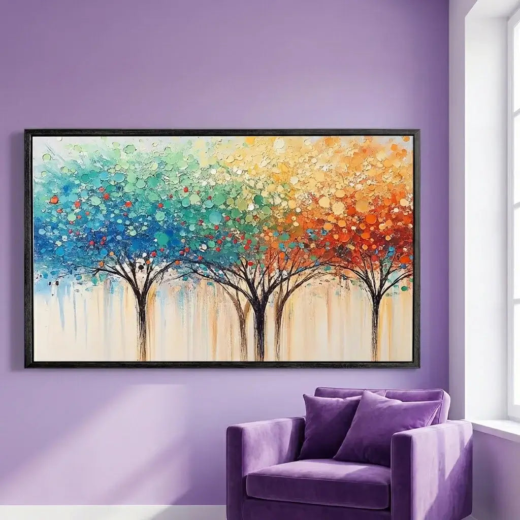 Colorful abstract tree painting on a purple wall above a purple armchair.