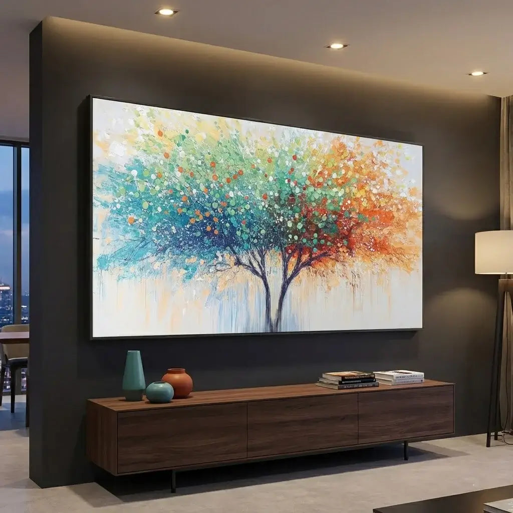 Colorful abstract tree painting on a dark wall above a wooden console table.
