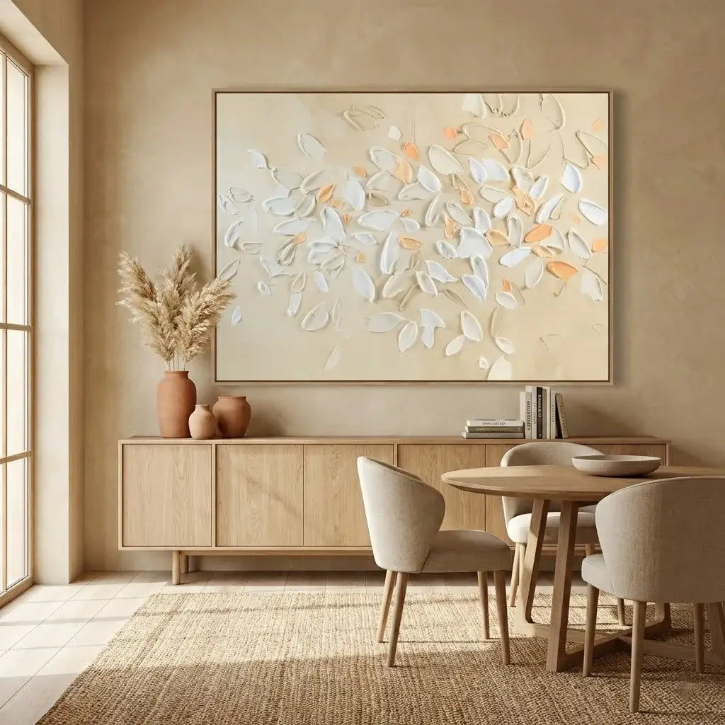 Dining room with wooden furniture, abstract painting, and decorative elements.