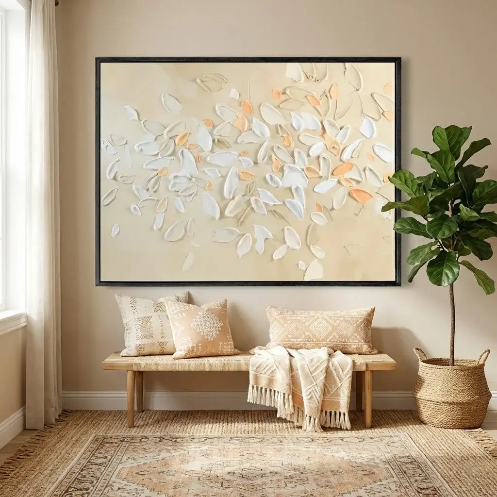 Living room with a floral painting, wooden bench, and plant