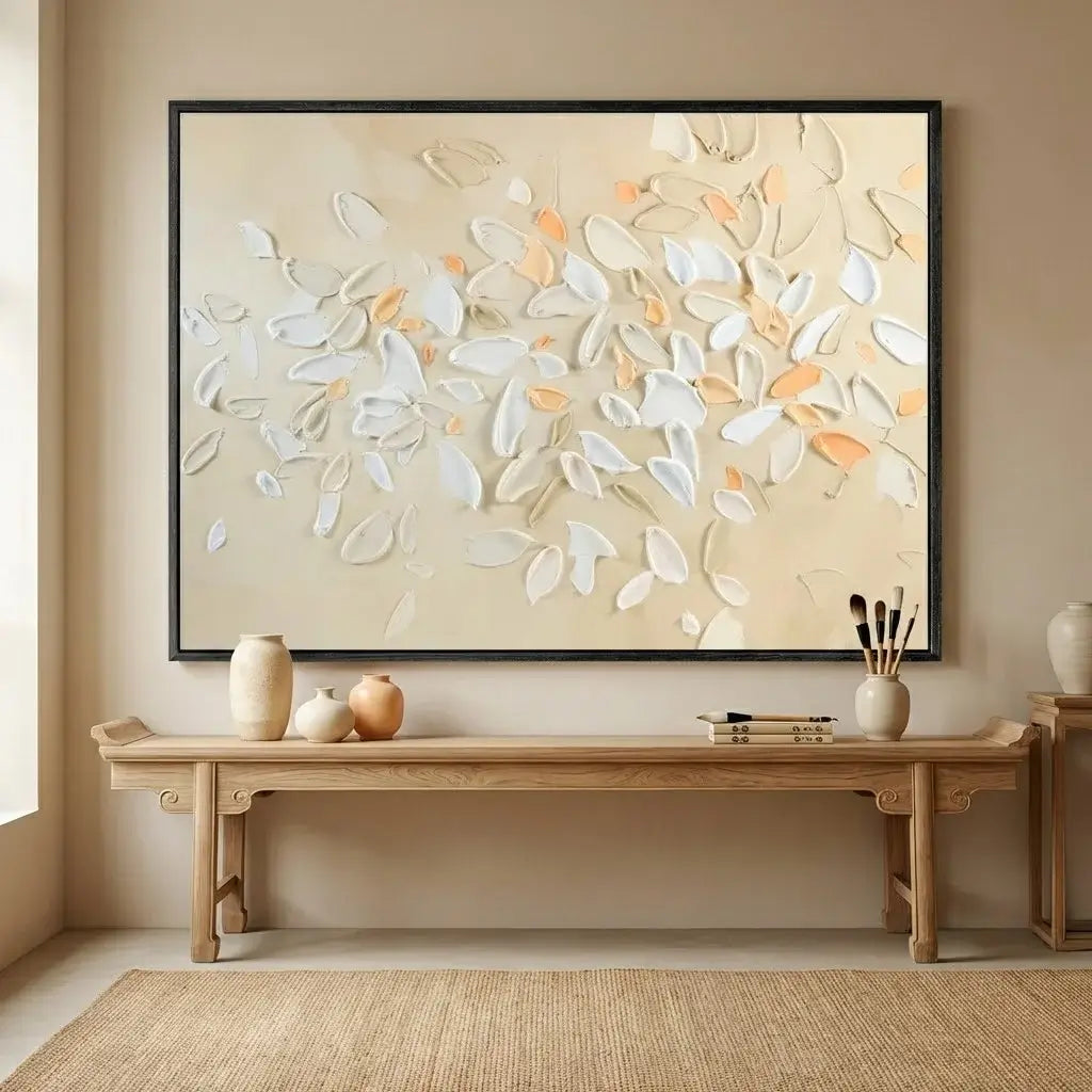 Beige wall with abstract floral painting, wooden bench, and decorative items.