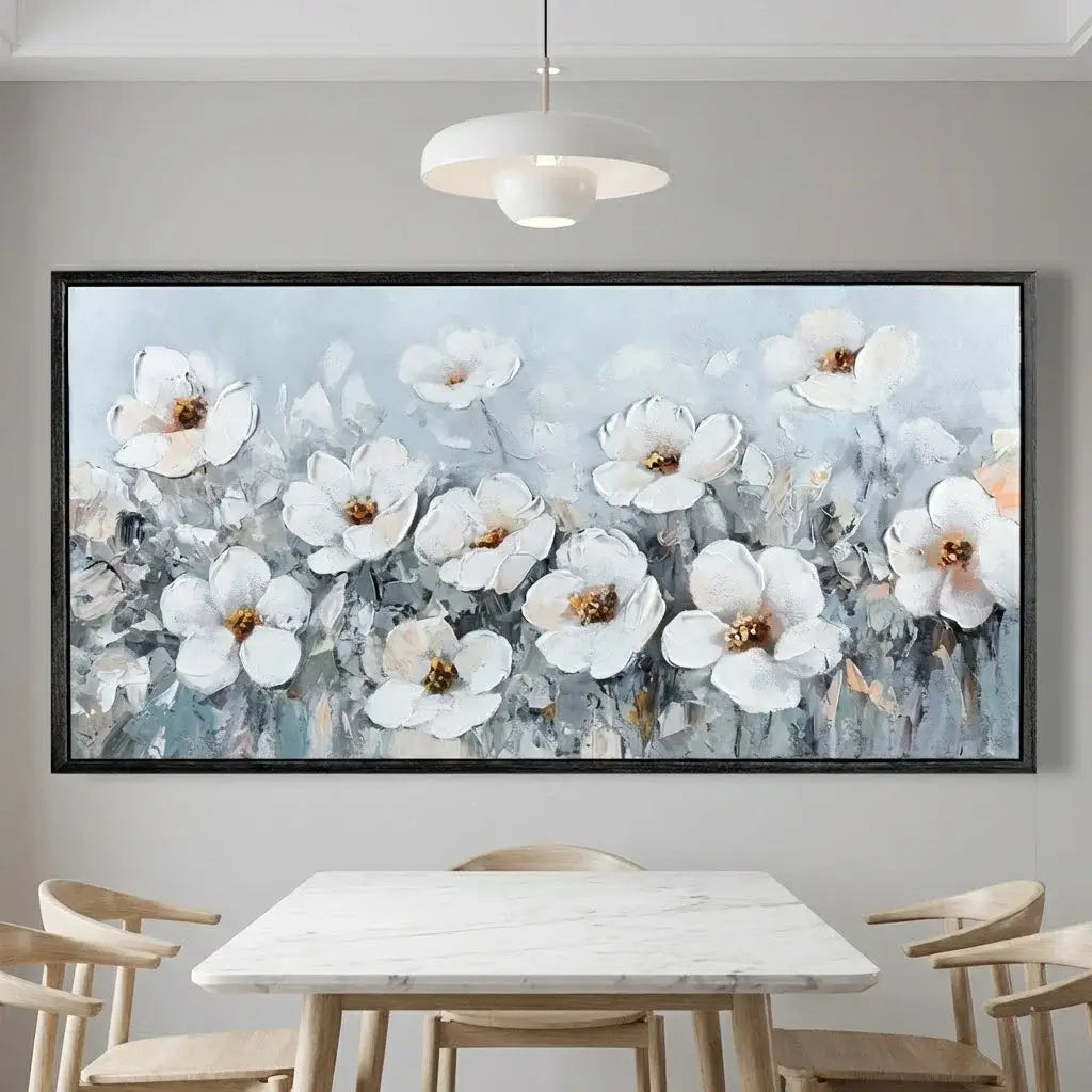 Floral painting on a wall above a dining table with chairs.