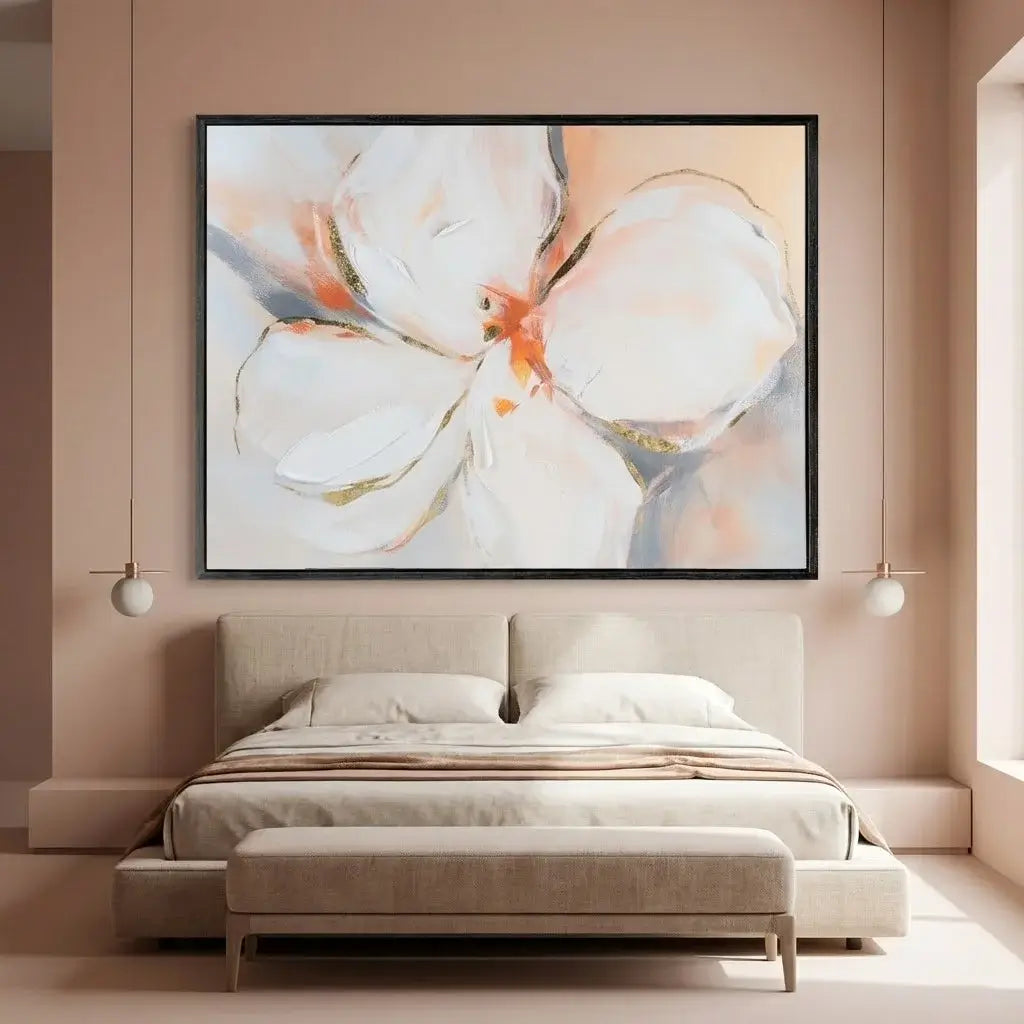 Modern bedroom with a bed and abstract floral artwork on the wall.