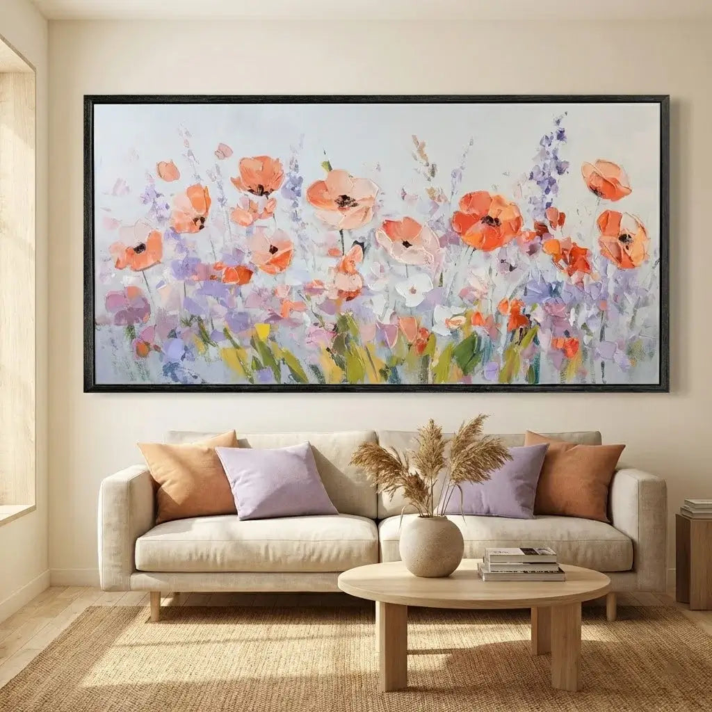 Living room with a floral painting above a sofa