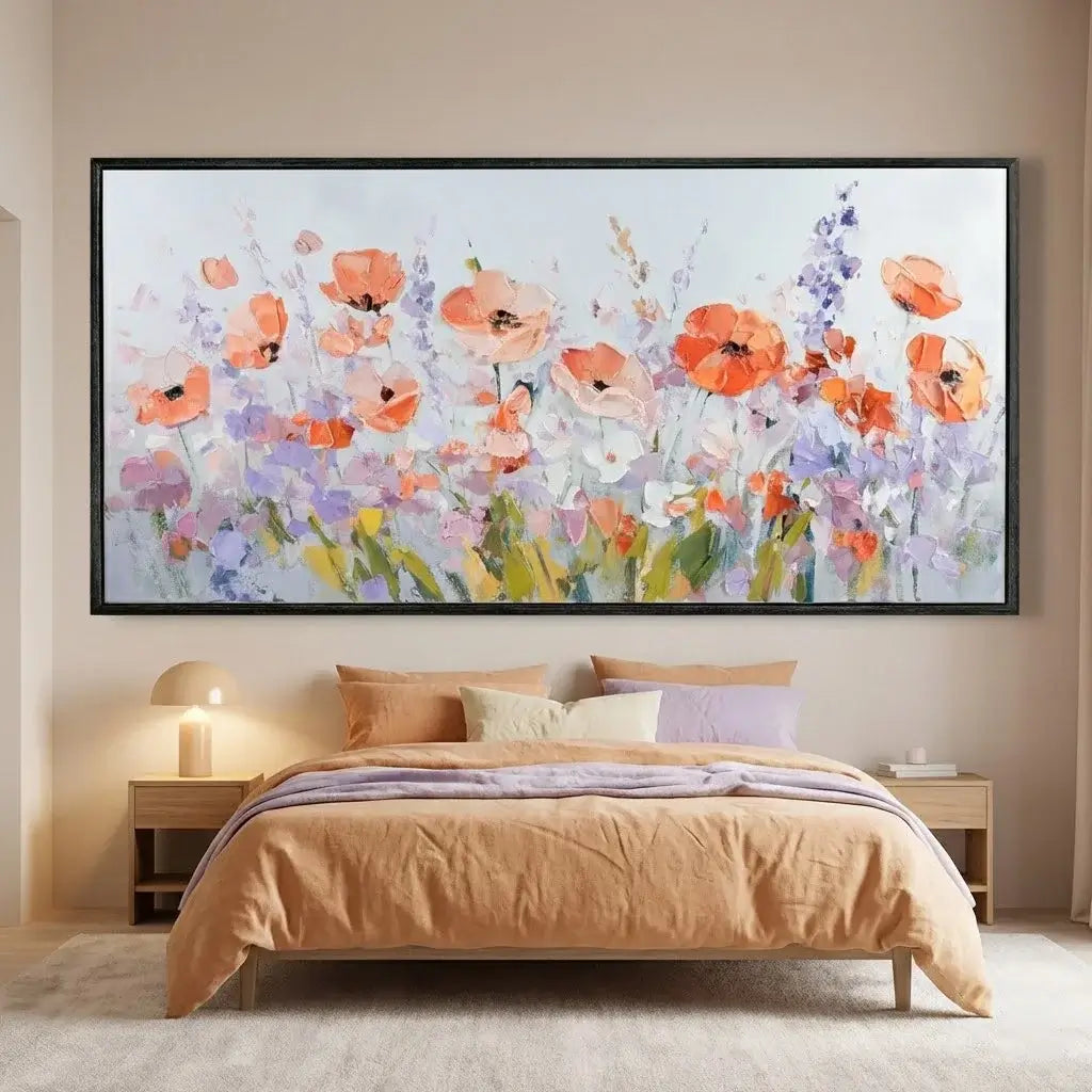 Bedroom with a large floral painting on the wall