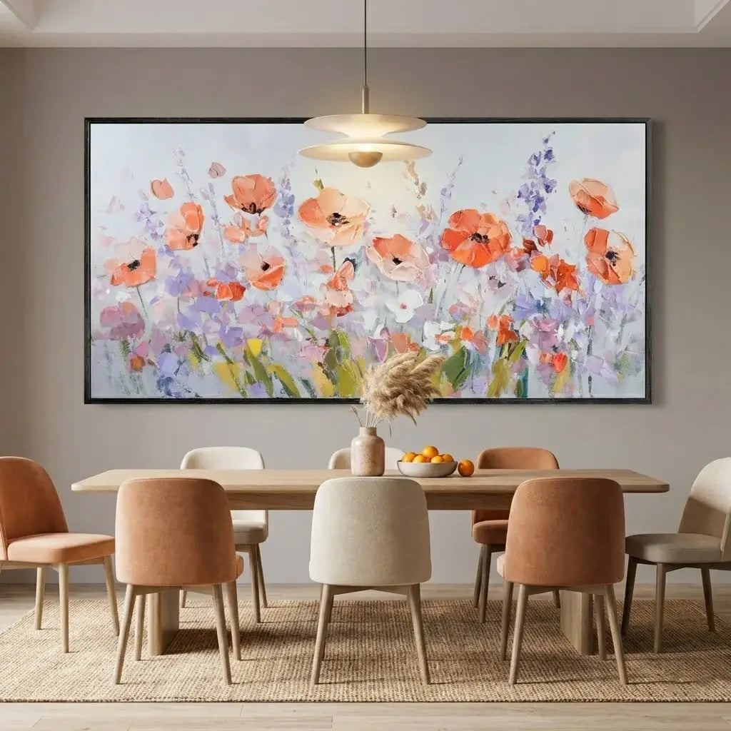 Dining room with a large floral painting on the wall above a table with chairs.