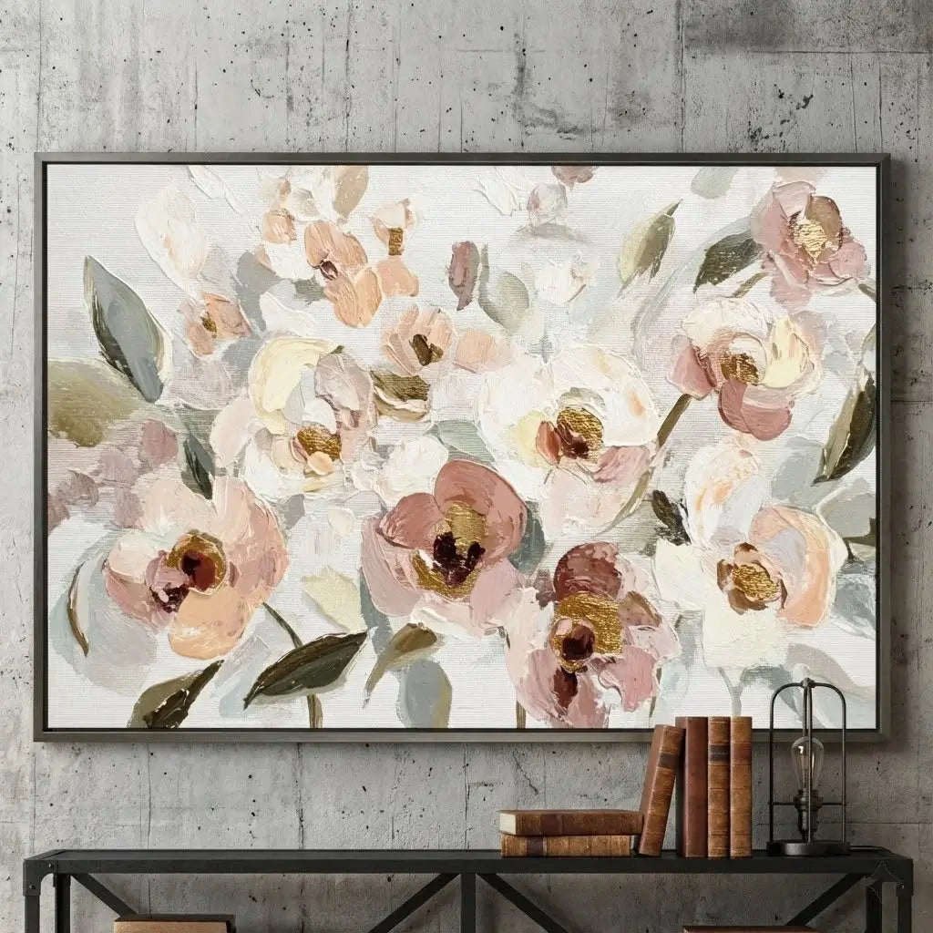 Floral painting on a concrete wall with books and a black shelf below.