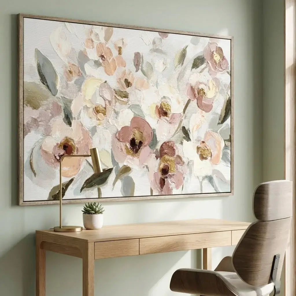 Floral painting on a wall above a wooden desk with a chair.