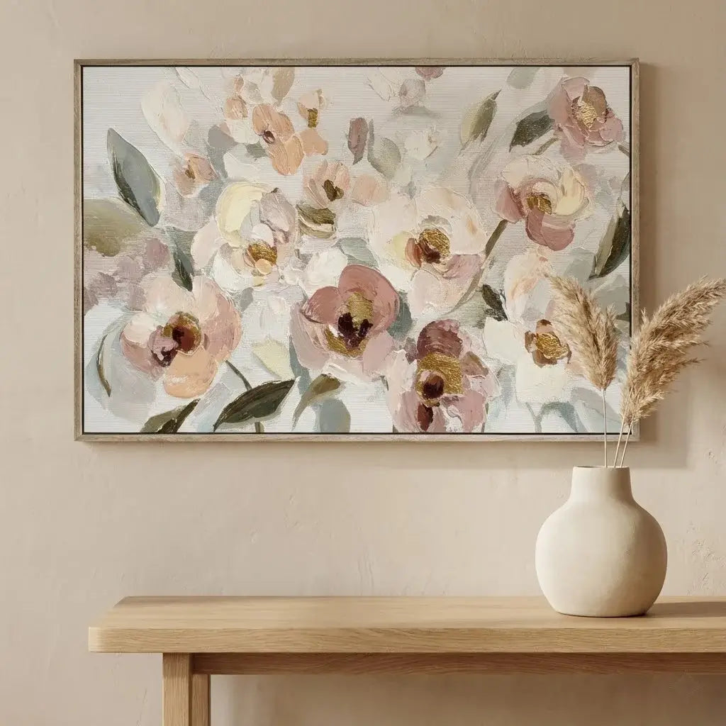 Floral painting on a wall above a wooden console table with a vase.