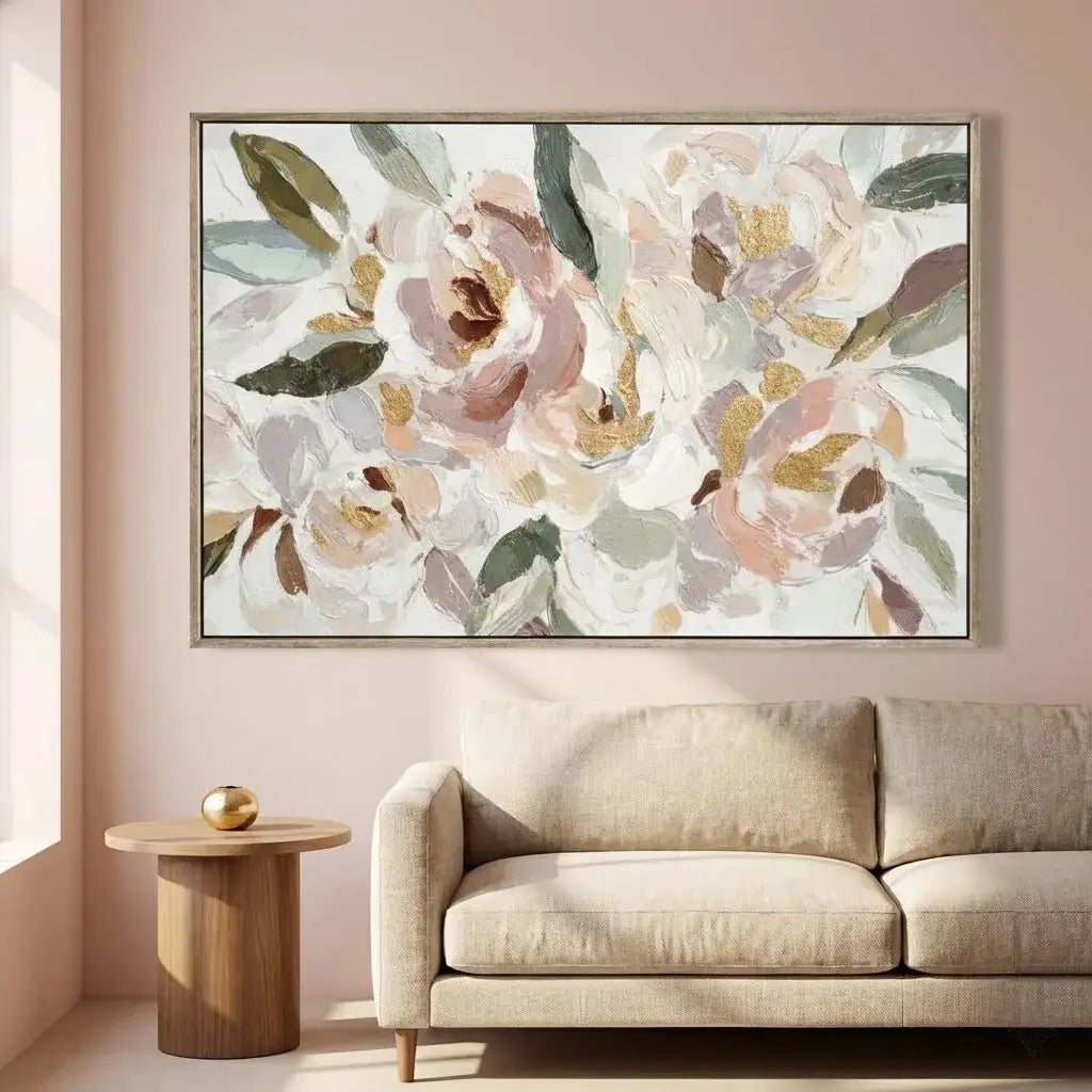 Floral painting on a wall above a beige sofa in a living room.
