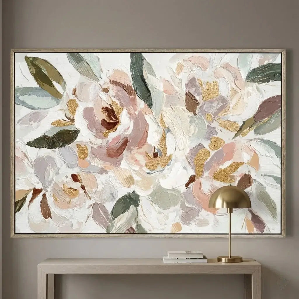 Floral artwork with gold accents on a wall above a console table.