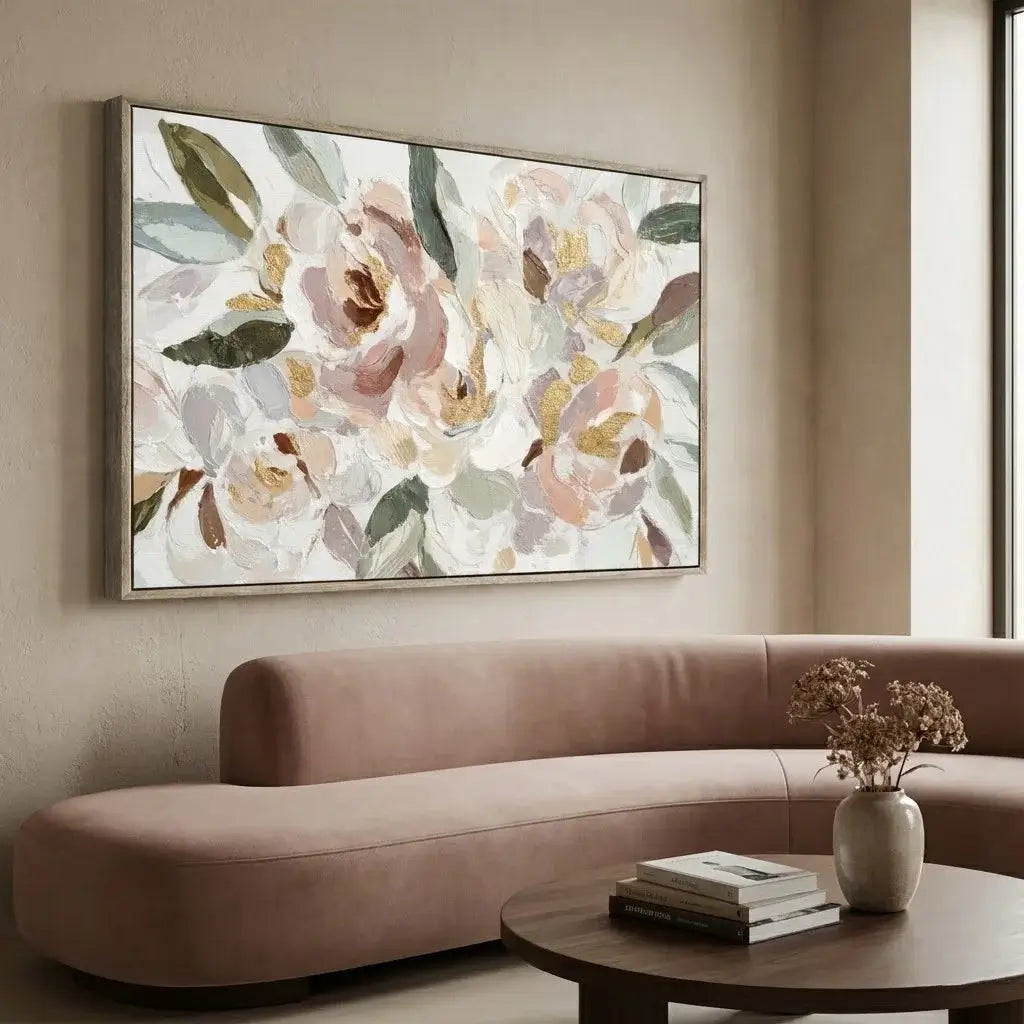 Floral painting on a wall above a modern pink sofa in a living room.