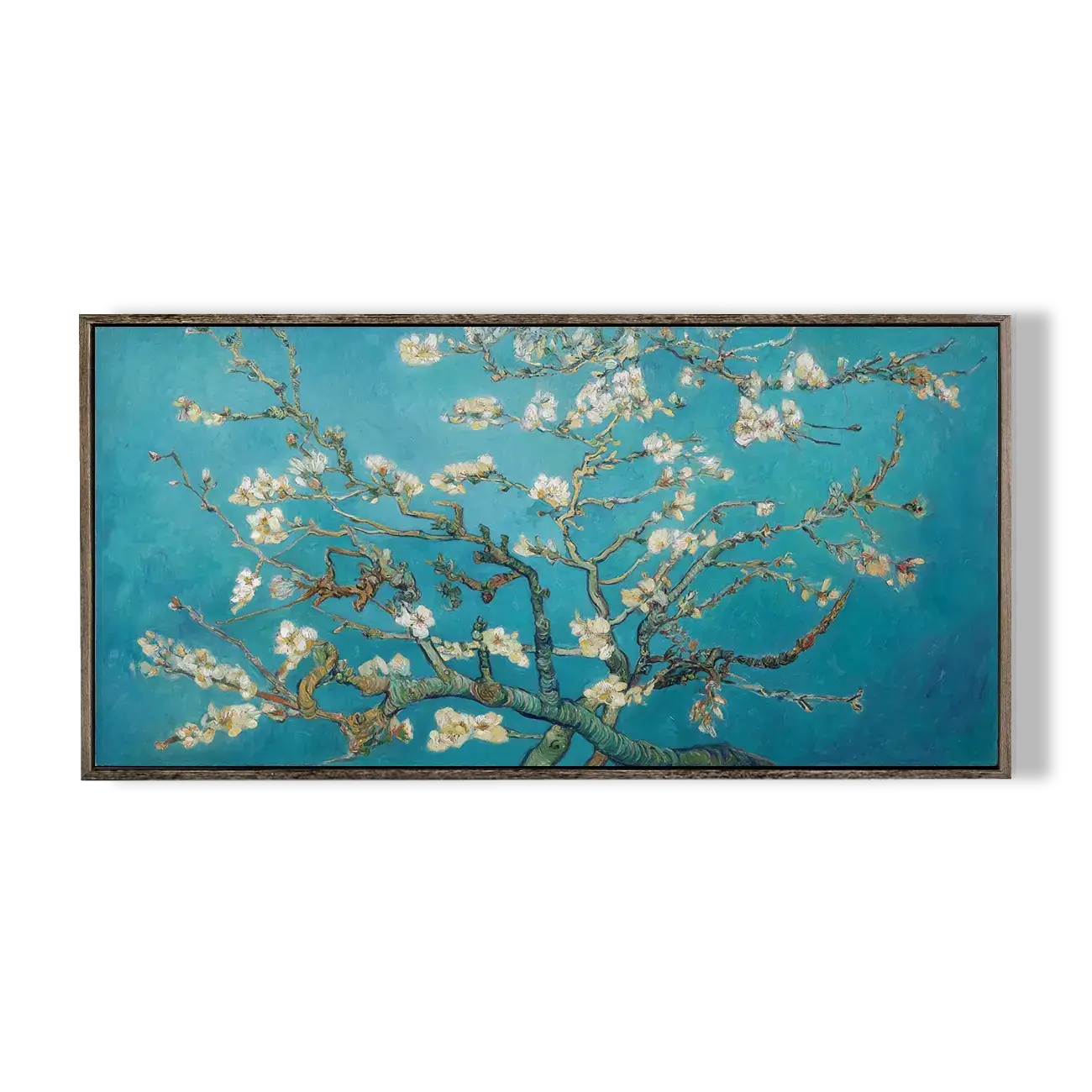 Framed artwork of a floral branch against a blue background