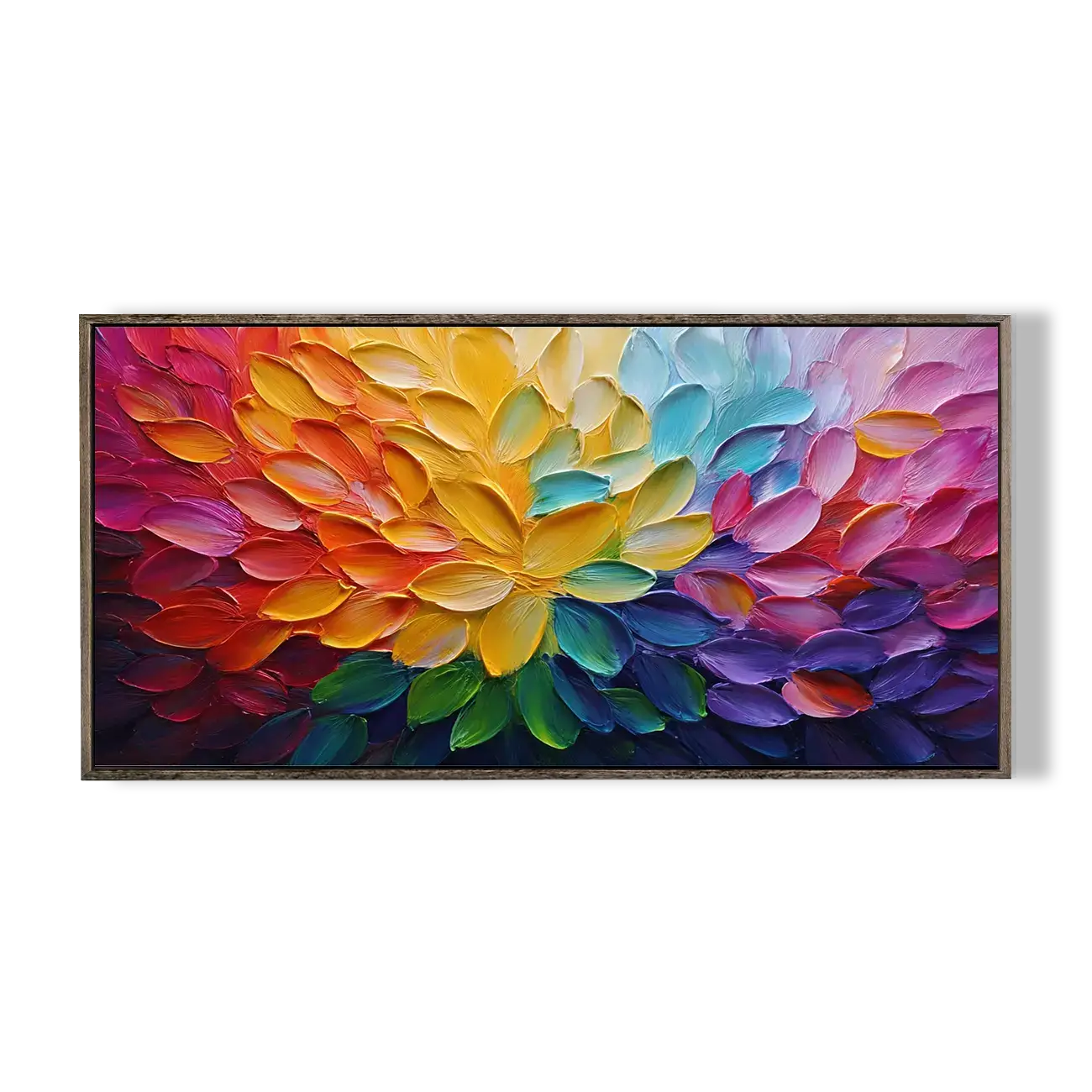 Colorful abstract art piece with a wooden frame on a white background