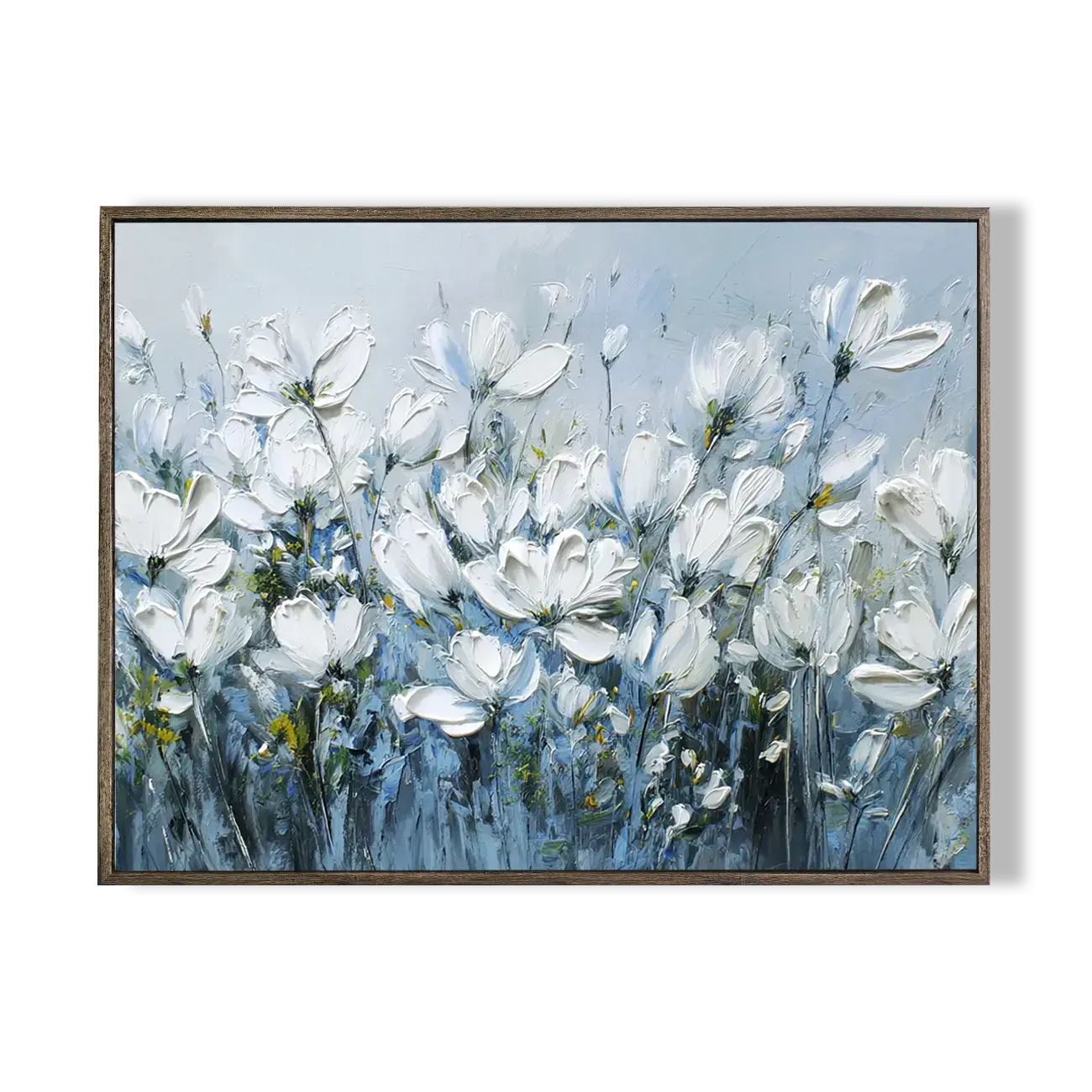 Framed painting of white flowers on a blue background