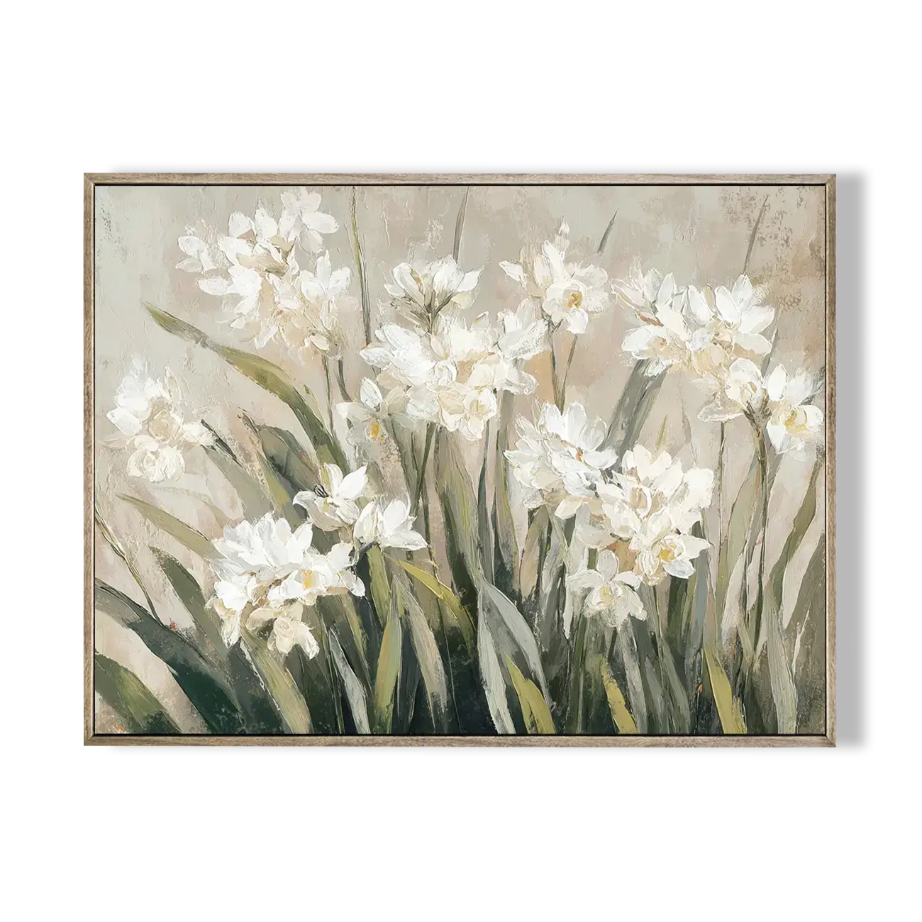 Framed artwork of white flowers with a neutral background