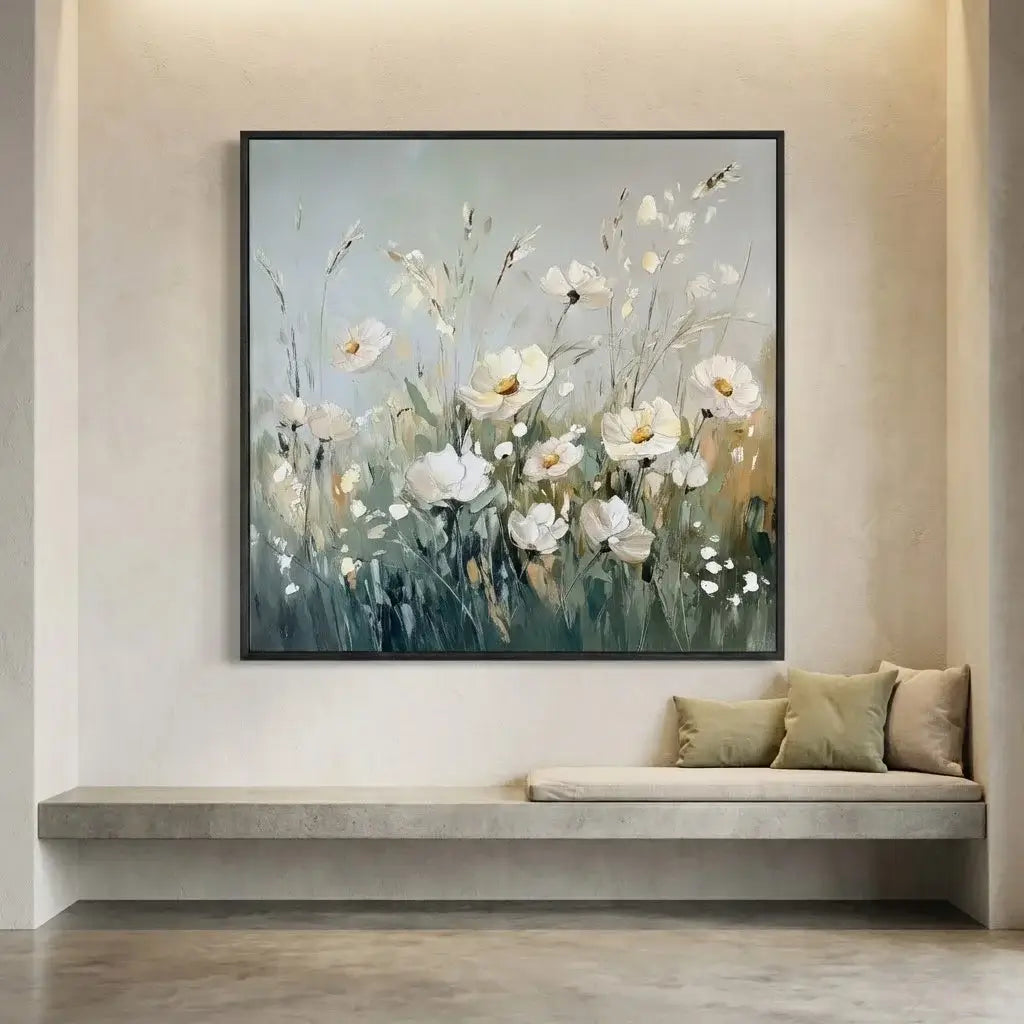 Framed floral painting on a wall above a bench in a room.