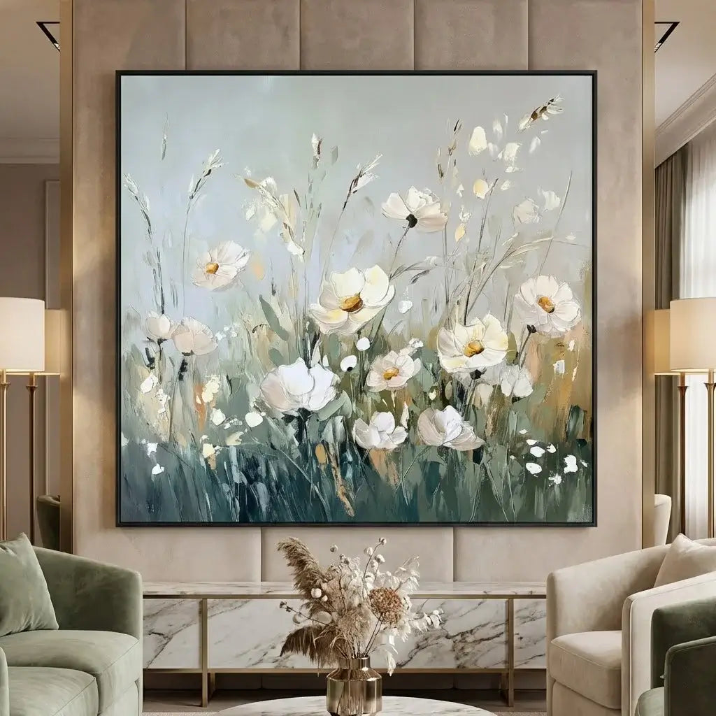 Framed floral painting in a living room setting