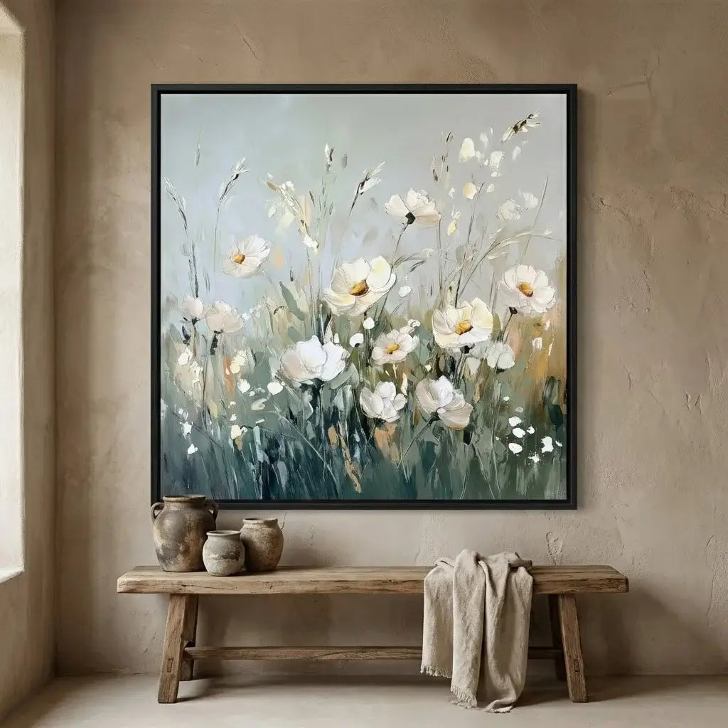 Framed floral painting on a wall above a wooden bench with decorative vases and a towel.