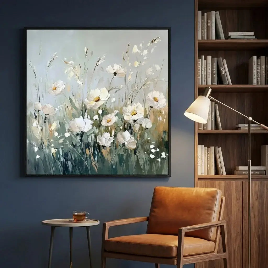 Framed floral painting on a wall above a brown chair and small table.