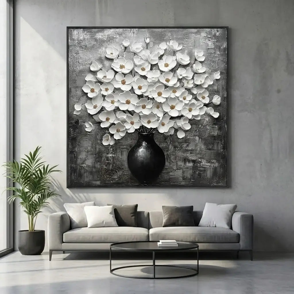 Decorative painting of white flowers in a vase on a gray wall above a sofa.