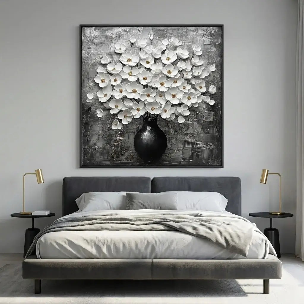 Gray bed with white bedding in a room with a large floral painting on the wall.