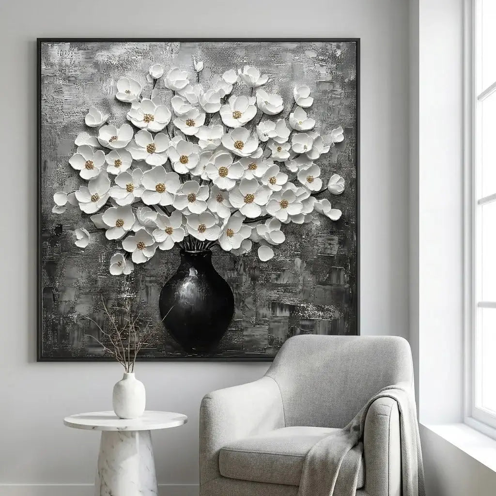 Framed artwork of white flowers in a black vase on a gray wall above a chair.