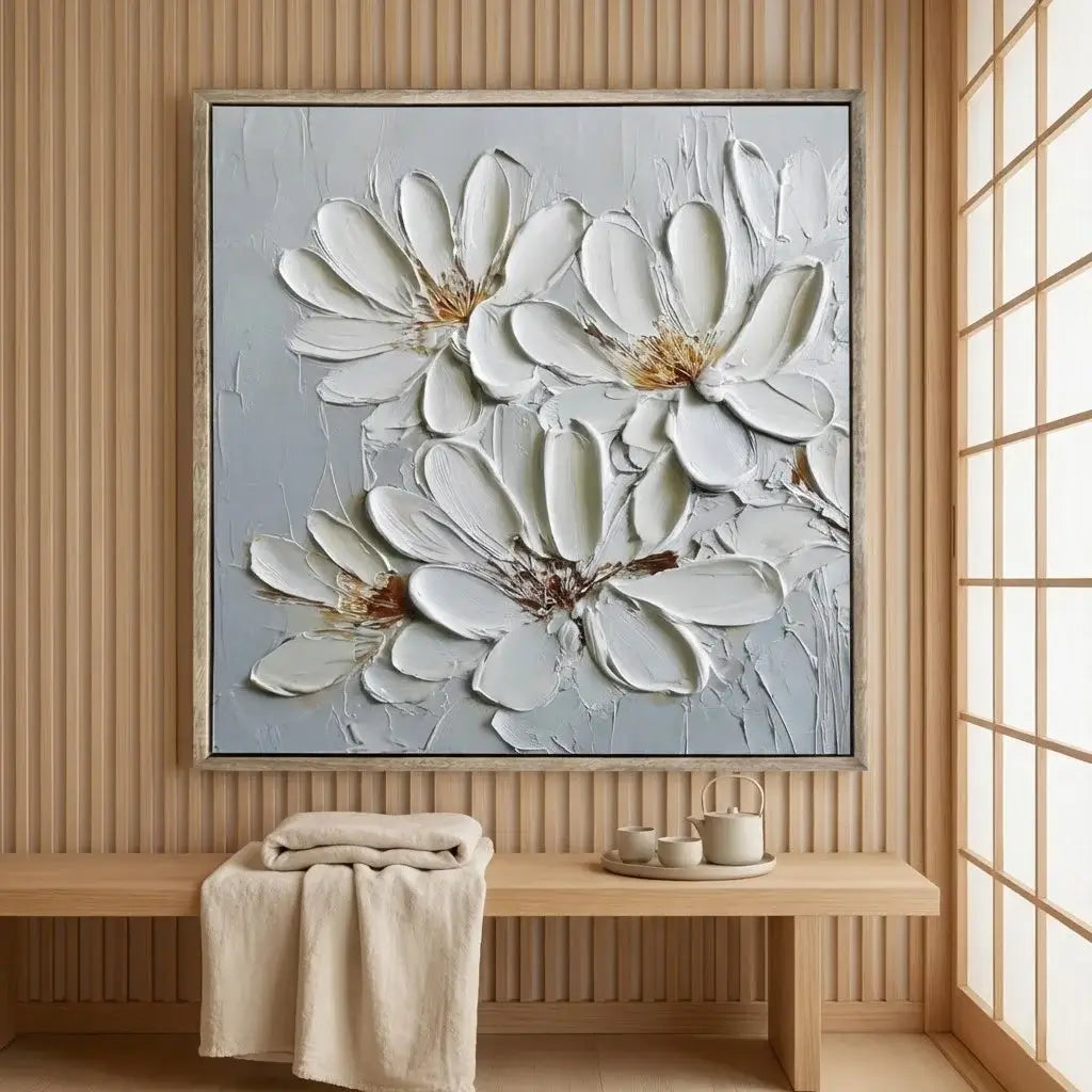 Abstract floral painting on a wall in a room with wooden bench and decor.