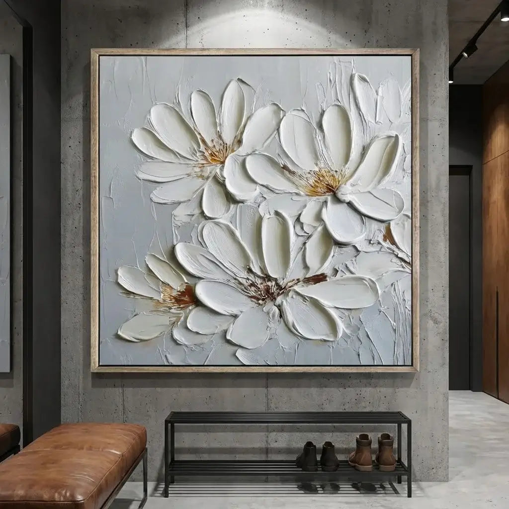 Abstract floral painting on a wall in a modern interior setting.