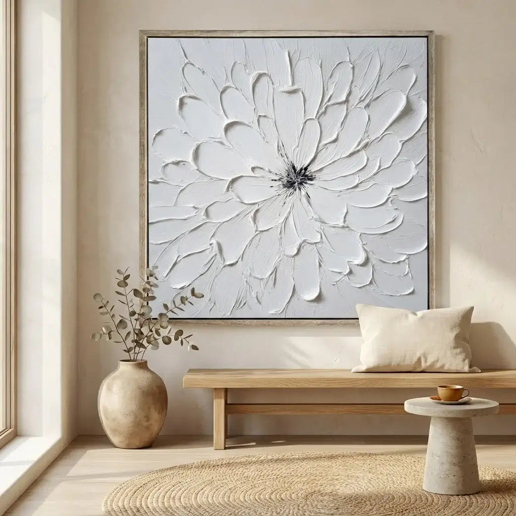 Modern interior with a large floral artwork on the wall, wooden bench, and decorative items.