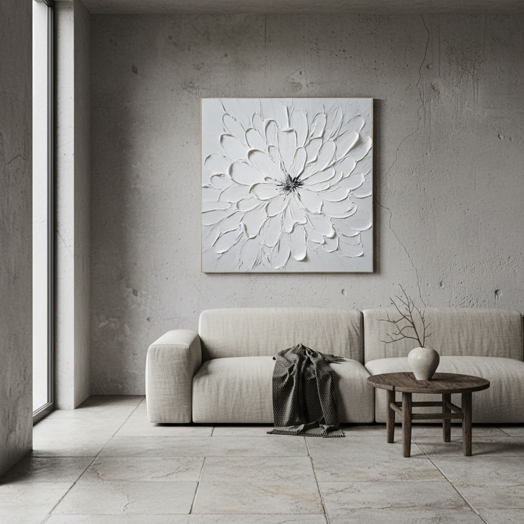 Modern living room with a large abstract wall art piece above a sofa.