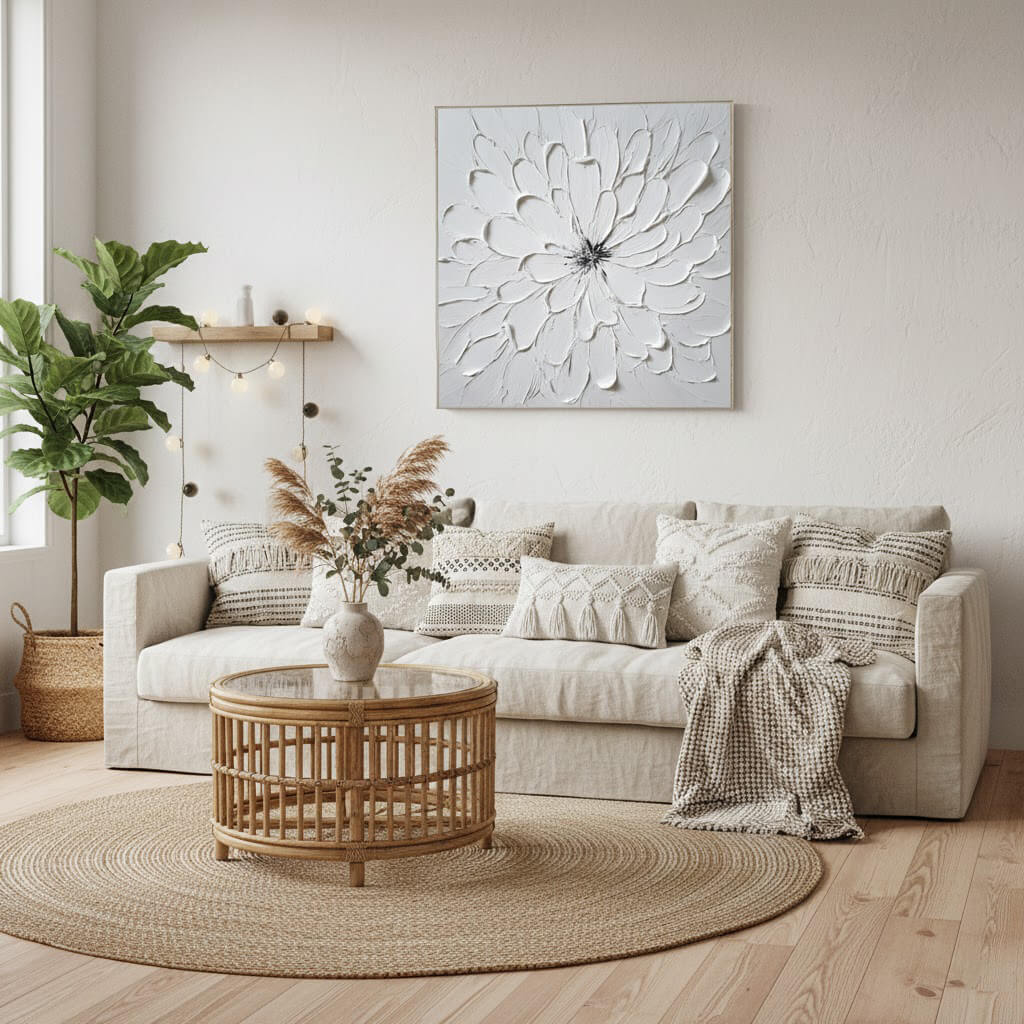 Living room with beige sofa, round wooden coffee table, and decorative wall art.