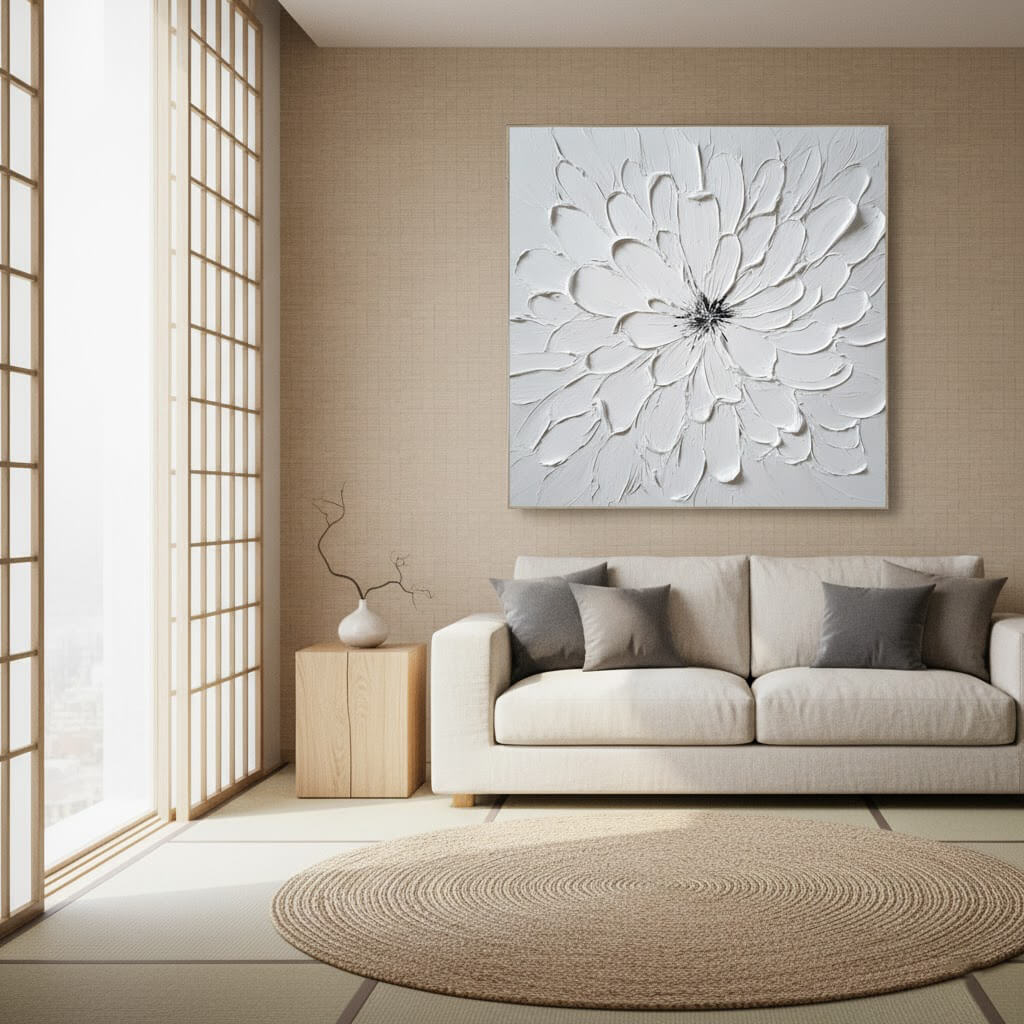 Modern living room with beige sofa, decorative wall art, and large windows.