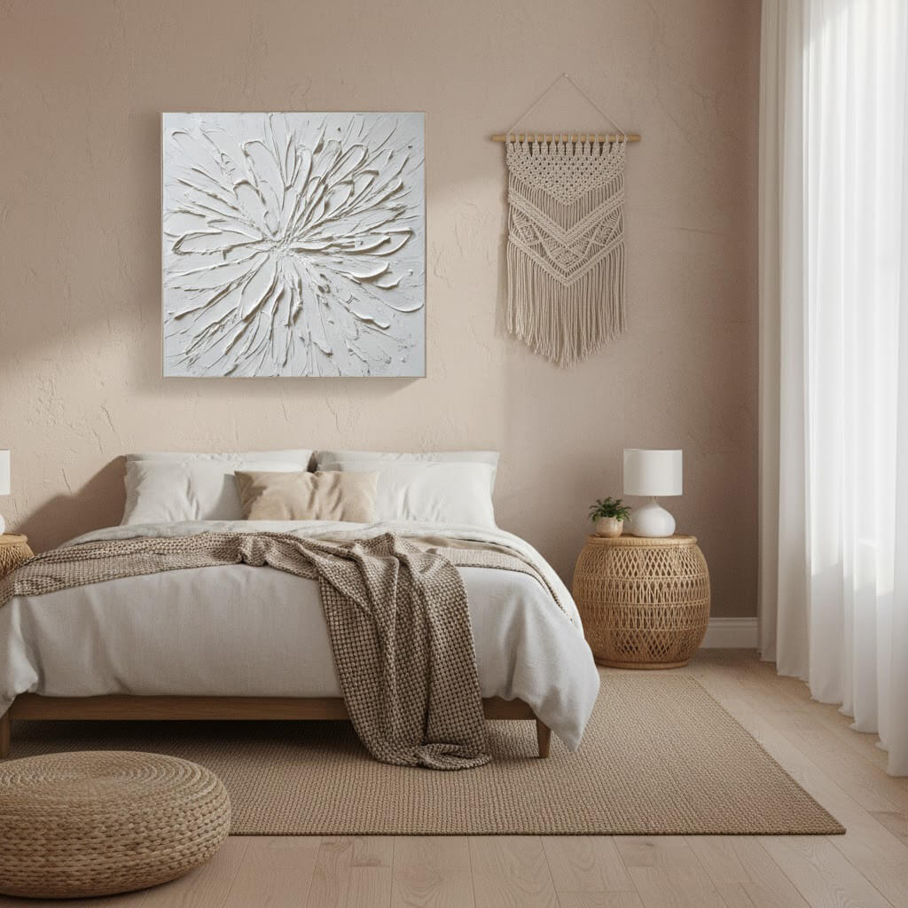 Neatly made bed in a bedroom with decorative wall art and lighting.