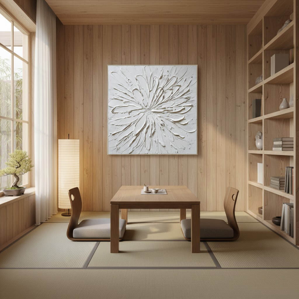 Modern interior design with wooden furniture, bookshelf, and wall art.