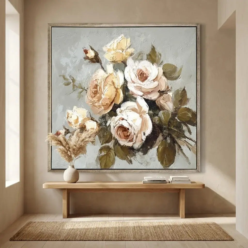 Floral painting on a wall above a wooden bench in a room with natural light.