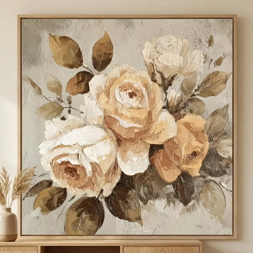 Floral painting with beige and brown tones on a textured background, framed in a gold frame.